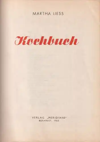 Buch: Kochbuch, Liess, Martha. 1960, Verlag Meridiane, gebraucht, gut