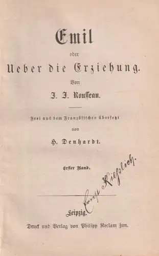 Buch: Emil oder Ueber die Erziehung, Rousseau, Jean-Jaques. 2 Bände, Reclam