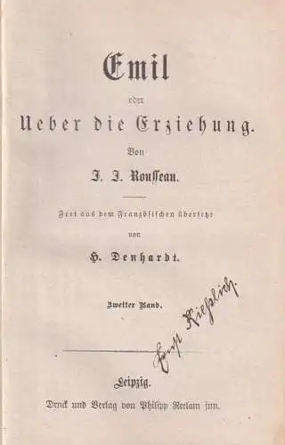 Buch: Emil oder Ueber die Erziehung, Rousseau, Jean-Jaques. 2 Bände, Reclam