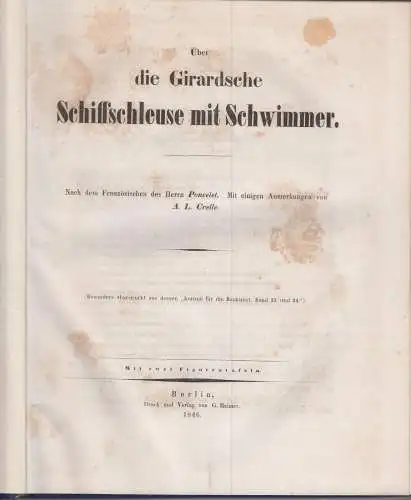 Buch: Über die Girardsche Schiffsschleuse mit Schwimmer. Poncelet, 1846, Reimer