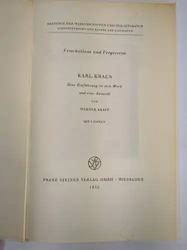 Buch: Karl Kraus. Verschollene und Vergessene, Werner Kraft, 1952, Franz Steiner