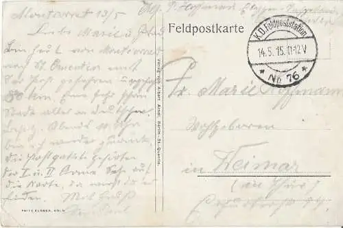 AK Gruß aus St. Quentin. Platz vom 8. Oktober. ca. 1915, Postkarte. Ca. 1915