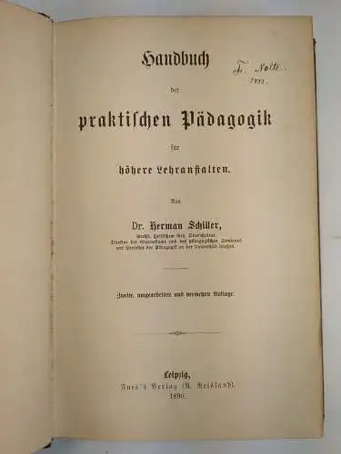 Buch: Handbuch der praktischen Pädagogik, Herman Schiller, 1890, Fue's Verlag