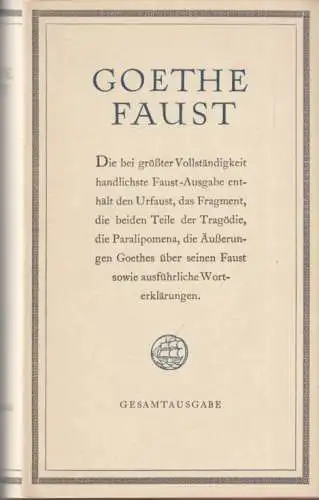 Buch: Goethes Faust, von Goethe, Johann Wolfgang. 1951, Insel Verlag