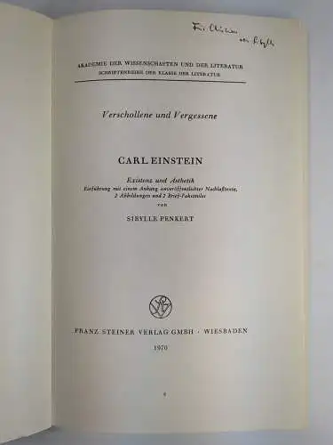 Buch: Carl Einstein, Verschollene und Vergessene, Sibylle Penkert, 1970, Steiner