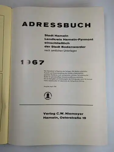 Buch: Adressbuch Stadt Hameln. Kreis Hameln-Pyrmont 1967, C. W. Niemeyer