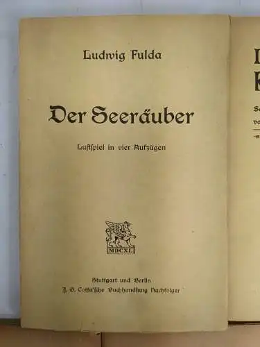 5 Bücher Ludwig Fulda, Cotta, 1987 ff., Seeräuber, Paradies, Talisman, Werkstatt