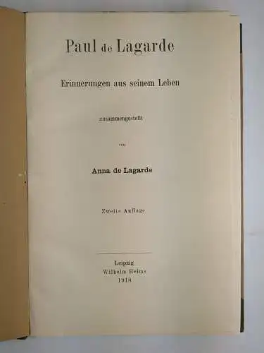 Buch: Paul de Lagarde, Erinnerungen aus seinem Leben, 1918, A. de Lagarde, Heims