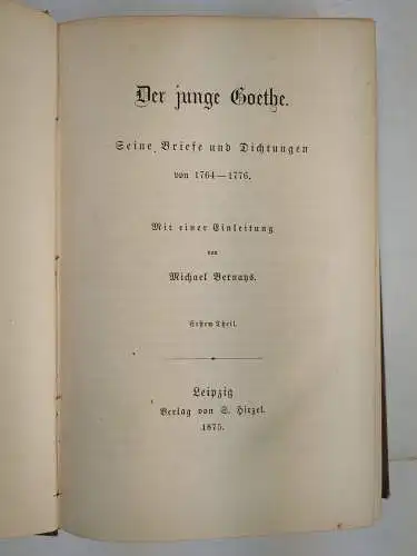 Buch: Der junge Goethe, J. W. von Goethe / M. Bernays, 3 Bände, 1875, S. Hirzel