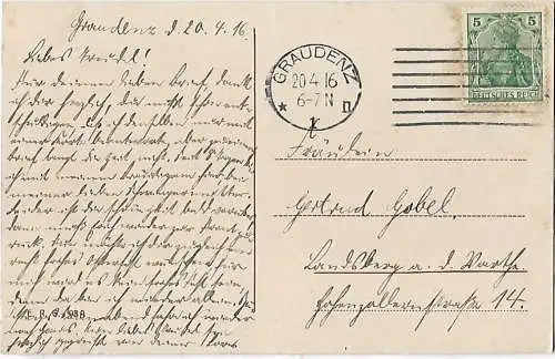 AK Graudenz. Bismarck Denkmal. ca. 1916, Postkarte. Ca. 1916, gebraucht, gut