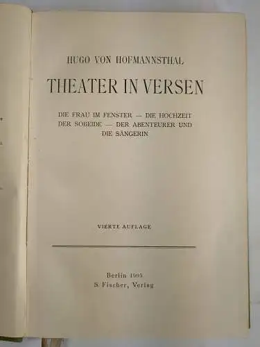 Buch: Theater in Versen, Hofmannsthal, Hugo von. 1905, S. Fischer Verlag