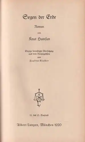 Buch: Segen der Erde, Roman. Hamsun, Knut. 1920, Langen Müller Verlag