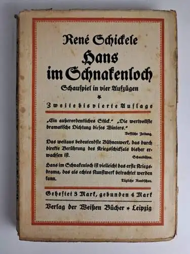 Buch: Hans im Schnakenloch, Schauspiel , Rene Schickele, 1915, Weiße Bücher