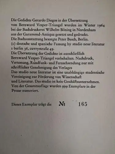 Buch: Versos, Gedichte, Gerardo Diego, 1964, Studio Neue Literatur, zweisprachig