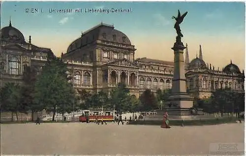 AK Wien I. Universität mit Liebenberg-Denkmal. ca. 1913, Postkarte. Ca. 1913