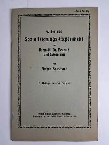 Buch: Wider das Sozialisierungs-Experiment von Kranold ... 1919, Arthur Sussmann