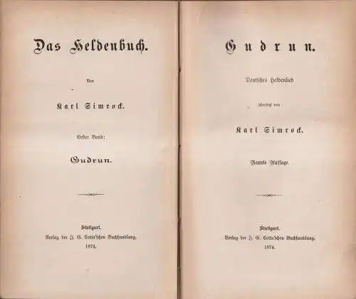 Buch: Gudrun, Deutsches Heldenlied. Karl Simrock, 1874, Cotta, Das Heldenbuch 1