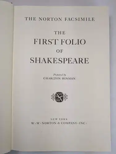 Buch: The first Folio of Shakespeare, Charlton Hinman, 1968, Norton Facsimile