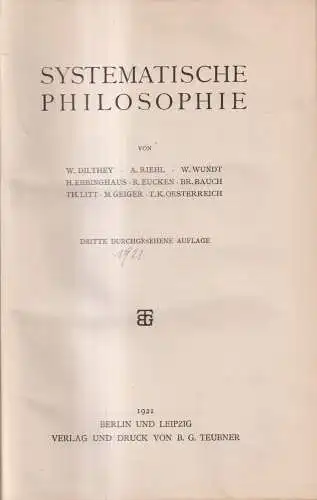 Buch: Systematische Philosophie, Dilhey, Wundt, Riehl, Eucken ..., 1921, Teubner