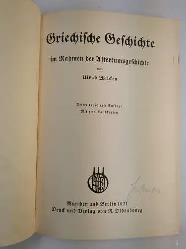 Buch: Griechische Geschichte, Wilcken, Ulrich. 1931, R. Oldenbourg Verlag