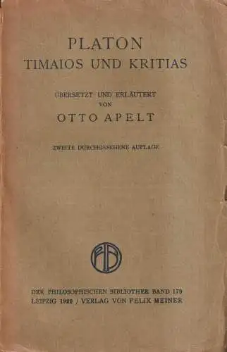 Buch: Timaios und Kritias, Platon, Otto Apelt, 1922, Verlag Felix Meiner