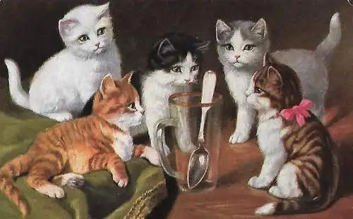 AK Jungkatzen mit Glas und Löffel, ca. 1977, gebraucht, gut