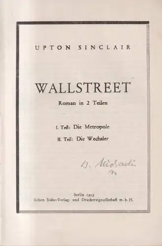 Buch: Wallstreet, Roman. Sinclair, Upton. 1929, Sieben Stäbe Verlag