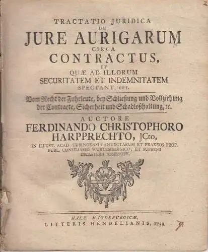 Buch: De iure aurigarum circa contractus ... Harpprechto, 1739