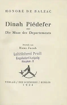 Buch: Dinah Piedefer, Balzac, Honore de. Der unbekannte Balzac, 1924