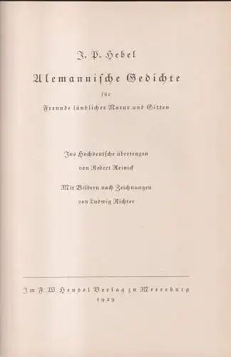 Buch: Alemannische Gedichte, Hebel, Johann Peter, 1929, F. W. Hendel Verlag