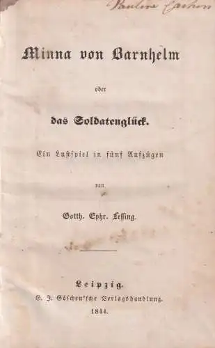 Buch: Minna von Barnhelm, G. E. Lessing, 1844, Göschen'sche Verlagshandlung