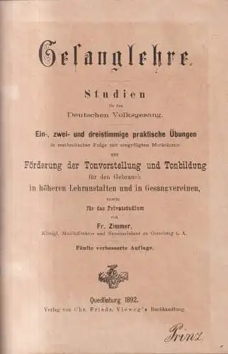 Buch: Gesanglehre, Studien für den deutschen Volksgesang, Zimmer, 1892, Vieweg