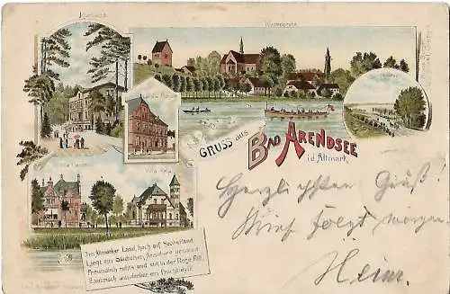 AK Gruss aus Bad Arendsee i. d. Altmark. Kurhaus. Klosterkirche. Lithografie.