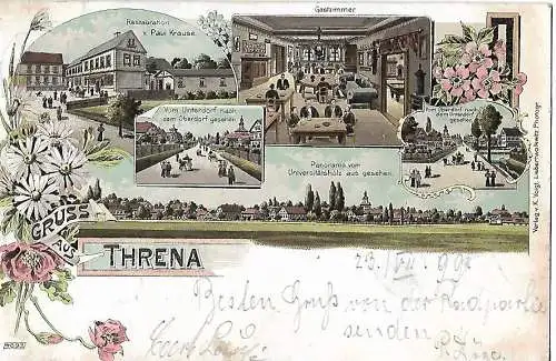 AK Threna. Restauration v. Paul Krause. Gastzimmer. Lithografie. ca. 1899, gut