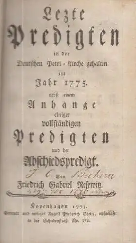 Buch: Lezte Predigten, Resewitz, Fr. G., 1775, August Friederich Stein, gut