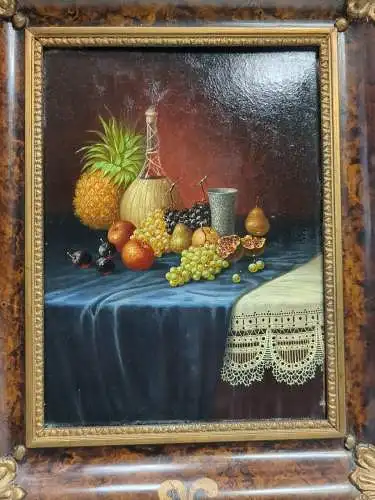 Stillleben Obst & Wein auf Tisch, Franz Nowak, signiert, Original, gerahmt, Öl