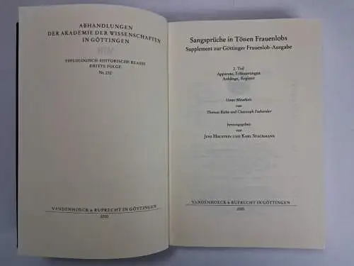 Buch: Sangsprüche in Tönen Frauenlobs 1+2, Vandenhoeck & Ruprecht, 2000, 2 Bände