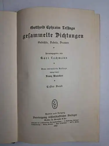 Buch: Gotthold Ephraim Lessings gesammelte Dichtungen, 3 Bände, Gruyter, 1922