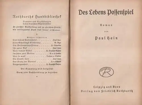 Buch: Des Lebens Possenspiel. Paul Hain, um 1920, Rothbarth, Handbibliothek