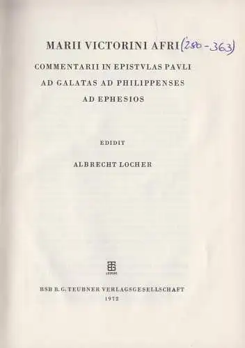 Buch: Commentarii in Apostulum, Victorinus, Gaius Marius, 1972, B. G. Teubner