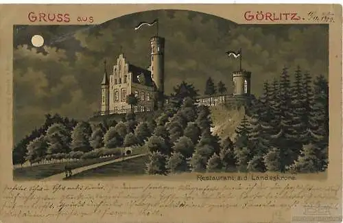 AK Gruss aus Görlitz. Resaurant a.d. Landeskrone. ca. 1900, Postkarte. Serien-Nr