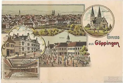 AK Gruss aus Göppingen. Rathaus. Schwimmbad. ca. 1912, Postkarte. Ca. 1912