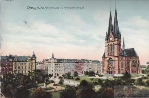 AK Chemnitz. Körnerplatz m. Körnerdenkmal. ca. 1905, Postkarte. Ca. 1905