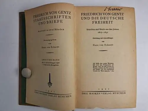 Buch: Friedrich von Gentz - Staatsschriften und Briefe 1+2, Drei Masken, 1921