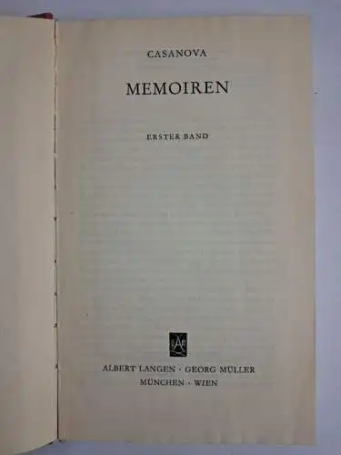 Buch: Memoiren, Casanova, Giovanni Giacomo. 2 Bände, 1963, Verlag Langen Müller