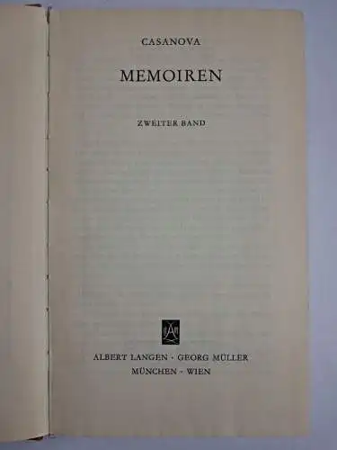 Buch: Memoiren, Casanova, Giovanni Giacomo. 2 Bände, 1963, Verlag Langen Müller