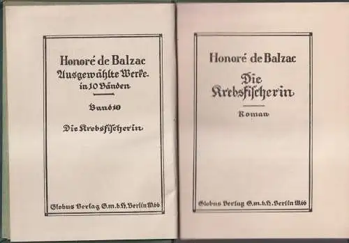 Buch: Die Krebsfischerin, Roman. Honoré de Balzac, Globus Verlag, ca. 1910