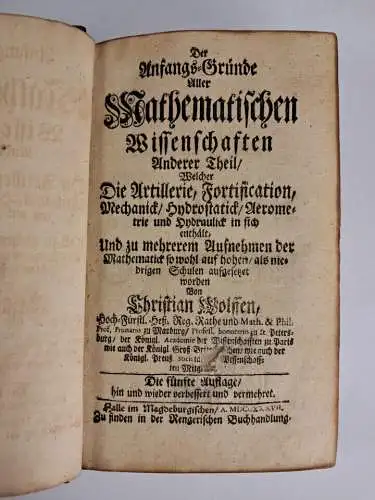 Buch: Der Anfangs-Gründe Aller Mathematischen Wissenschaften, Chr. Wolff, 1737