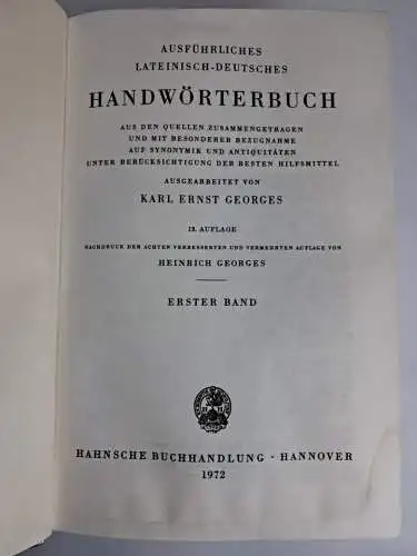 Buch: Ausführliches Lateinisch-Deutsches Handwörterbuch, Georges, 2 Bände, 1913