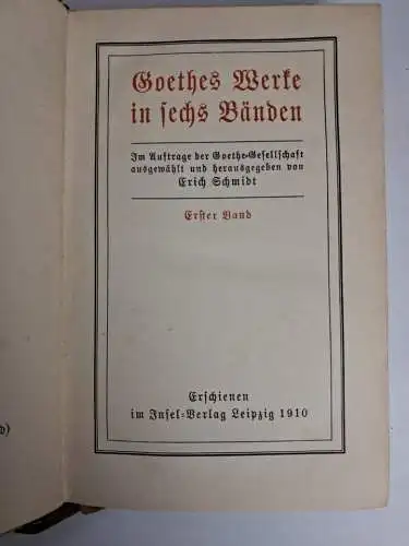 Buch: Goethes Werke in sechs Bänden, 1910, Insel, 6 Bände, Halblederausgabe